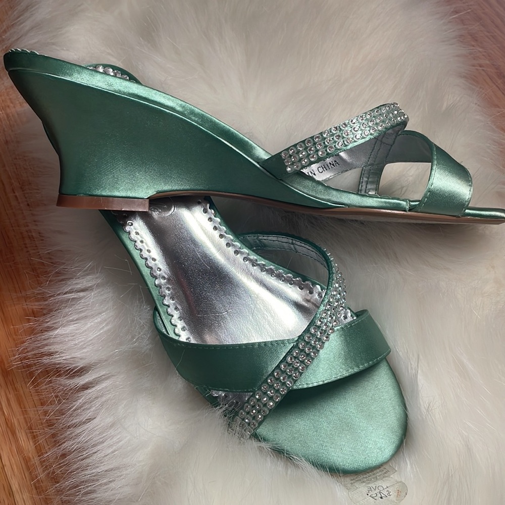 Retro pale green satin evening mules